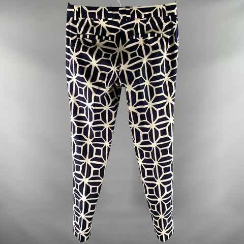 MR TURK Size 30 White Navy Tile Print Cotton Blend Slim Dress Pants