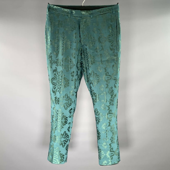 ANN DEMEULEMEESTER Size 34 Green Teal Jacquard Silk Blend Dress Pants