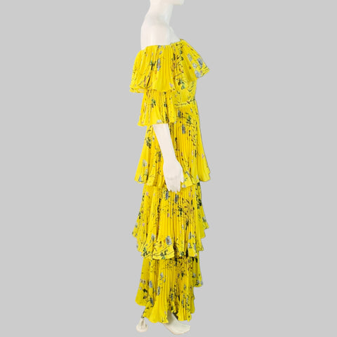 SELF-PORTRAIT Size 4 Yellow Blue Polyester Floral Pleated Off Shoulder Dress