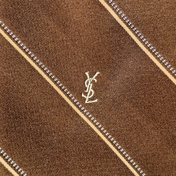 YVES SAINT LAURENT Vintage Brown Tan Diagonal Stripe Silk Skinny Tie