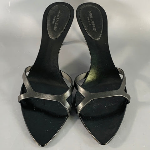 SAINT LAURENT Size 10 Carla Black Leather Pointed Toe Kitten Heel Mules Sandals