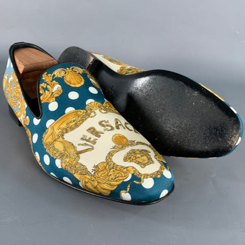 VERSACE Size 11 Green Gold Twill Baroque Slip On Loafers