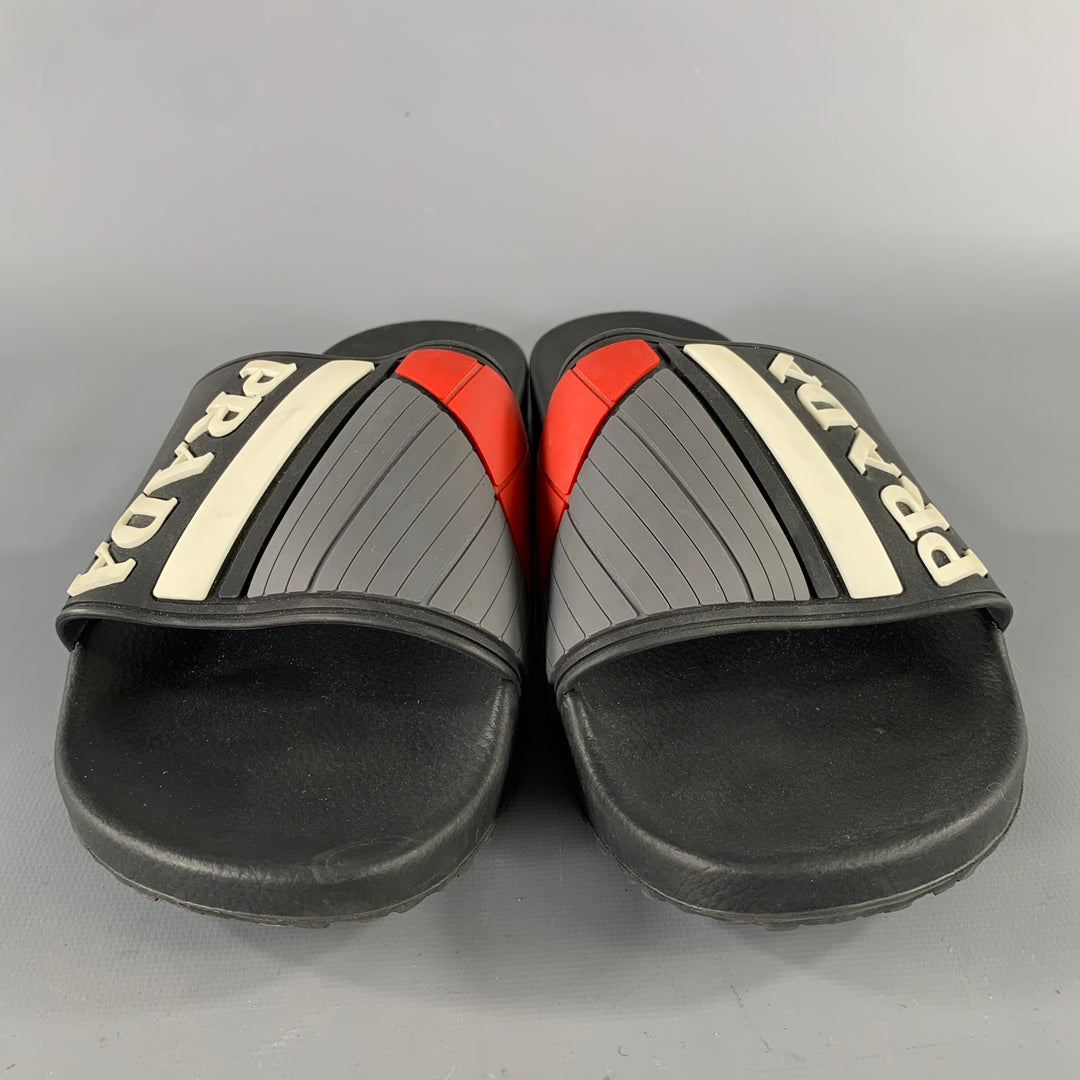PRADA Size 8 Black & White Logo Rubber Slide Sandals
