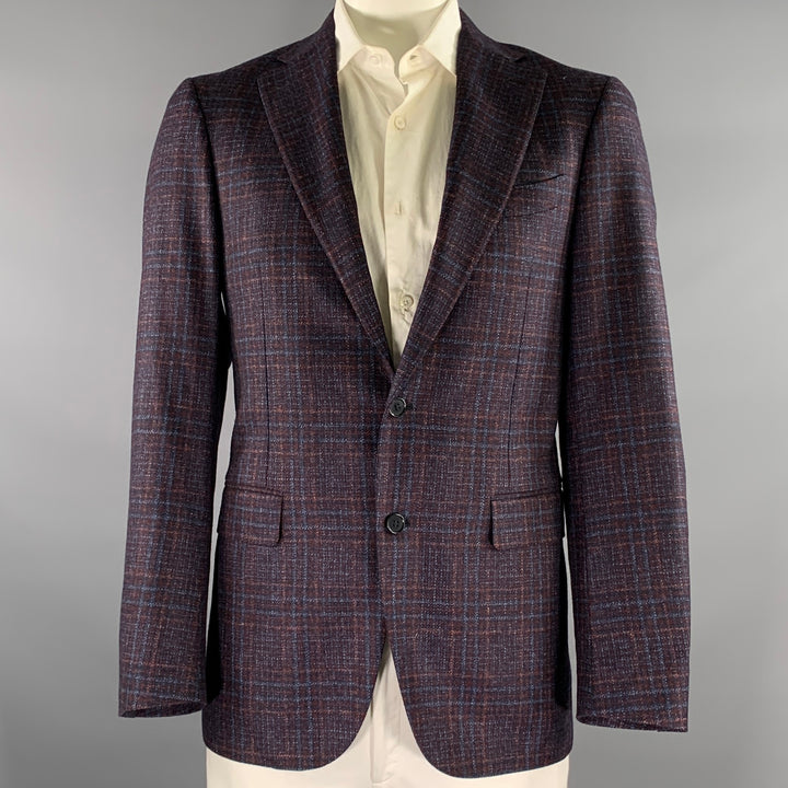 CANALI Size 42 Navy Brown Plaid Wool Notch Lapel Sport Coat
