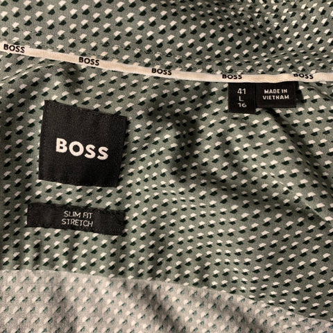 BOSS by HUGO BOSS Size L Green White Geometric Cotton Blend Long Sleeve Shirt