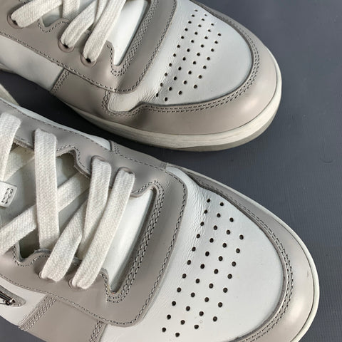 PRADA Size 11 White Grey Color Block Perforated Leather Logo Low Top Sneakers