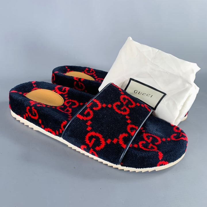 GUCCI Size 10.5 Black Red Guccissima Monogram Velvet Slip On Sandals