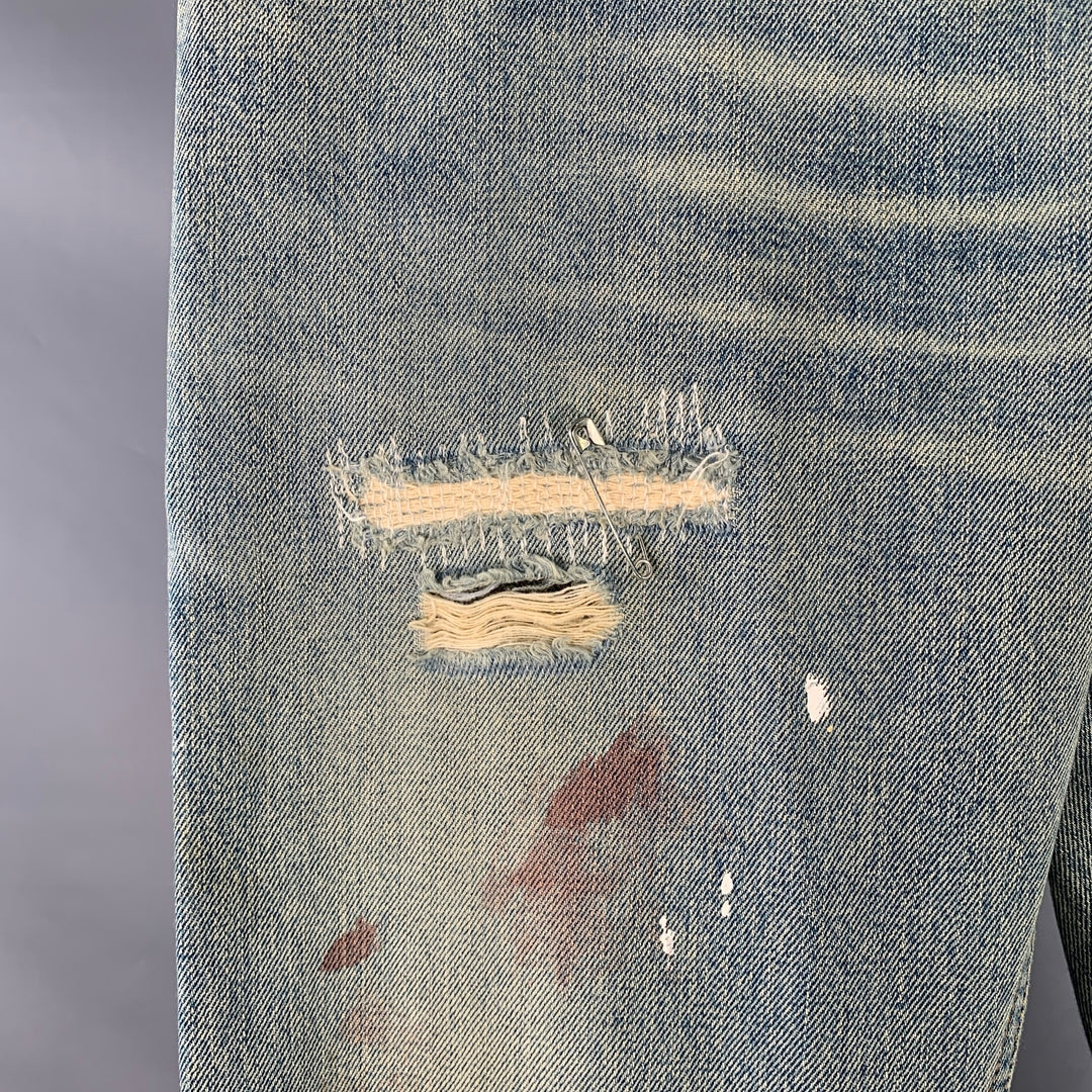 DOLCE & GABBANA Size 33 Heaven and Hell Blue White Hand Painted Denim Straight Distressed Jeans