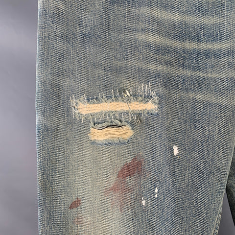 DOLCE & GABBANA Taille 33 Jean droit en denim vieilli peint à la main bleu blanc Heaven and Hell