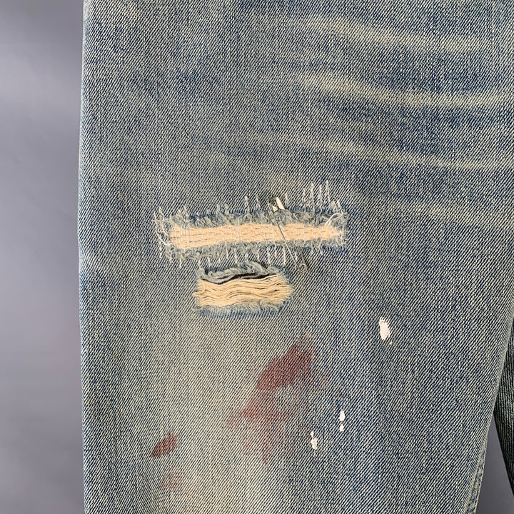 DOLCE & GABBANA Size 33 Heaven and Hell Blue White Hand Painted Denim Straight Distressed Jeans