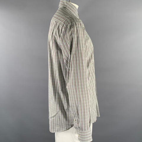 BRIONI Size L Green Brown Plaid Cotton Pointed Collar Long Sleeve Shirt