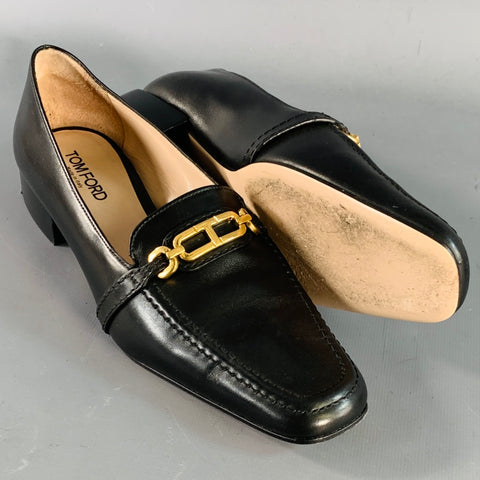 TOM FORD Mocassins plats à enfiler en cuir noir et doré avec chaîne, taille 7