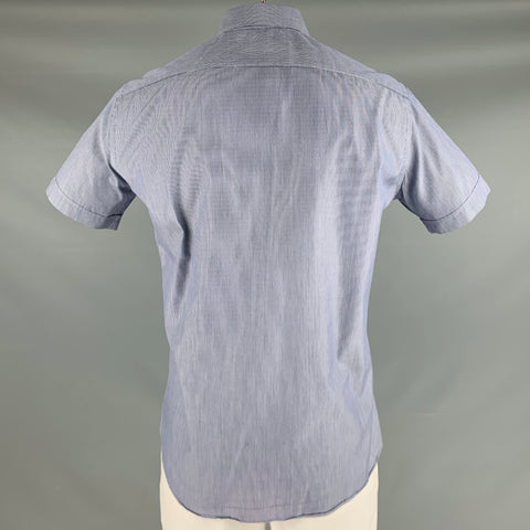 FABIO INGHIRAMI Size L Blue White Stripe Cotton One Pocket Short Sleeve Shirt