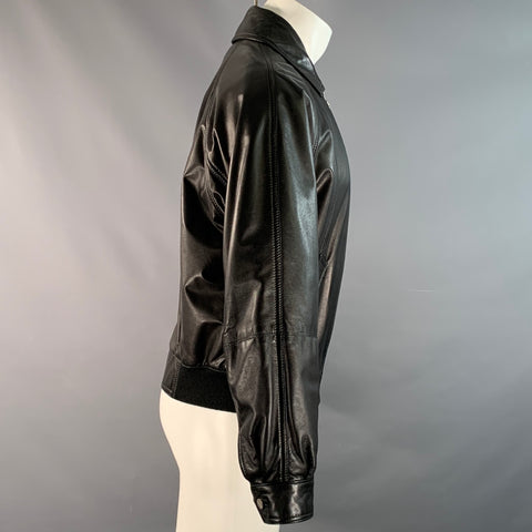 SALVATORE FERRAGAMO Blouson en cuir uni noir à manches raglan Taille 36
