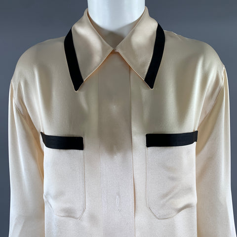 CHANEL Size M Cream Black Silk French Cuff Blouse