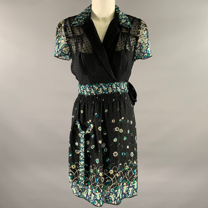 ANNA SUI Size 4 Black Blue Silk Floral Midi Knee-Length Dress