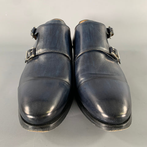 MAGNANNI Size 8 Navy Black Leather Double Monk Strap Loafers