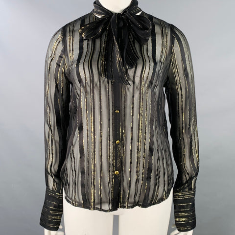 FRAME Size L Black Gold Metallic Stripe Bow Button Up Blouse