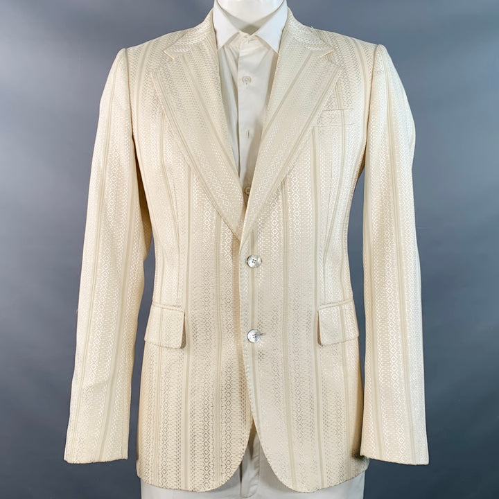 ROBERTO CAVALLI Size 44 Cream Silver Geometric Cotton Blend Jacquard Sport Coat
