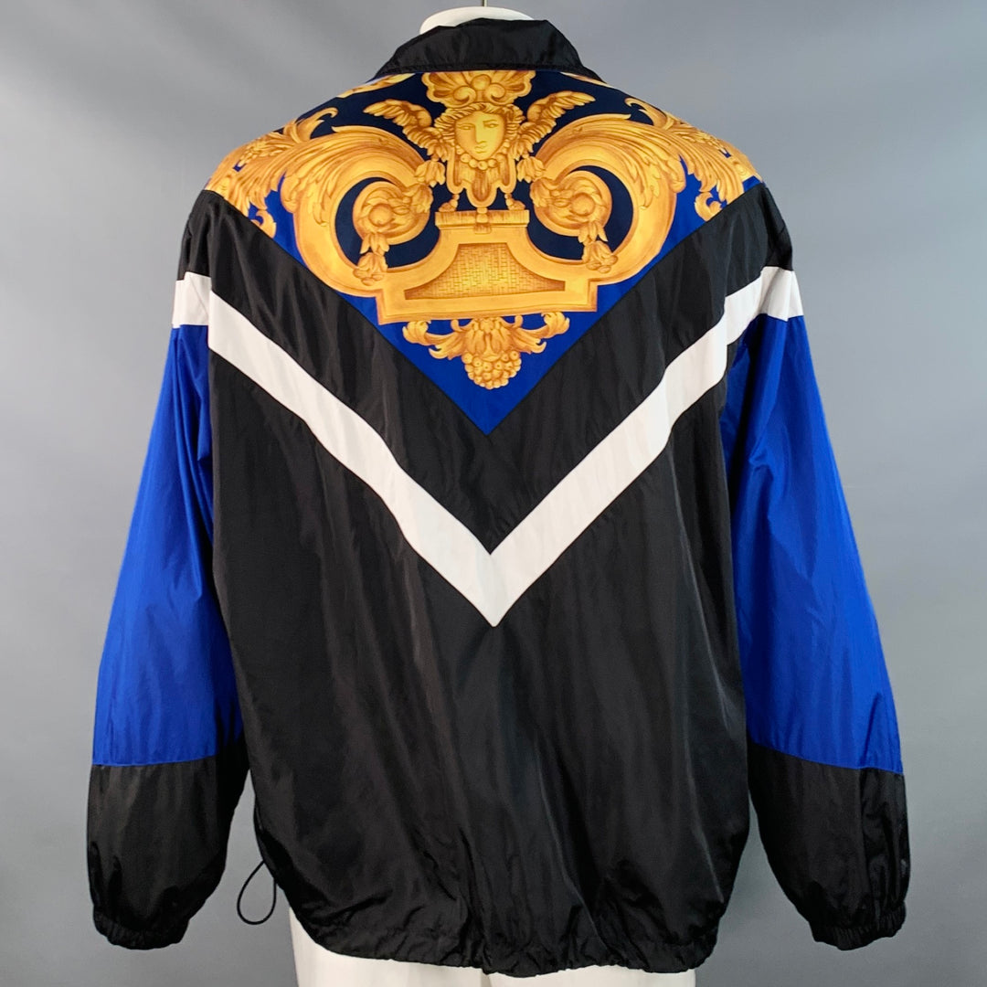 VERSACE Size XXL Black Blue Gold Baroque Polyamide Blend Windbreaker Jacket
