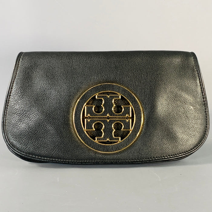 TORY BURCH Pochette en Cuir Noir avec Logo Doré