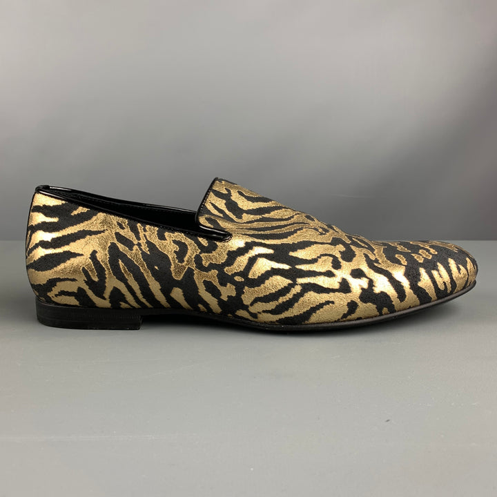 JIMMY CHOO Size 9 Black Gold Animal Print Jacquard Slip On Loafers
