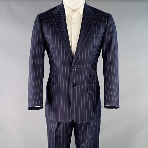 RALPH LAUREN Size 38 Regular Navy White Stripe Wool Notch Lapel Suit