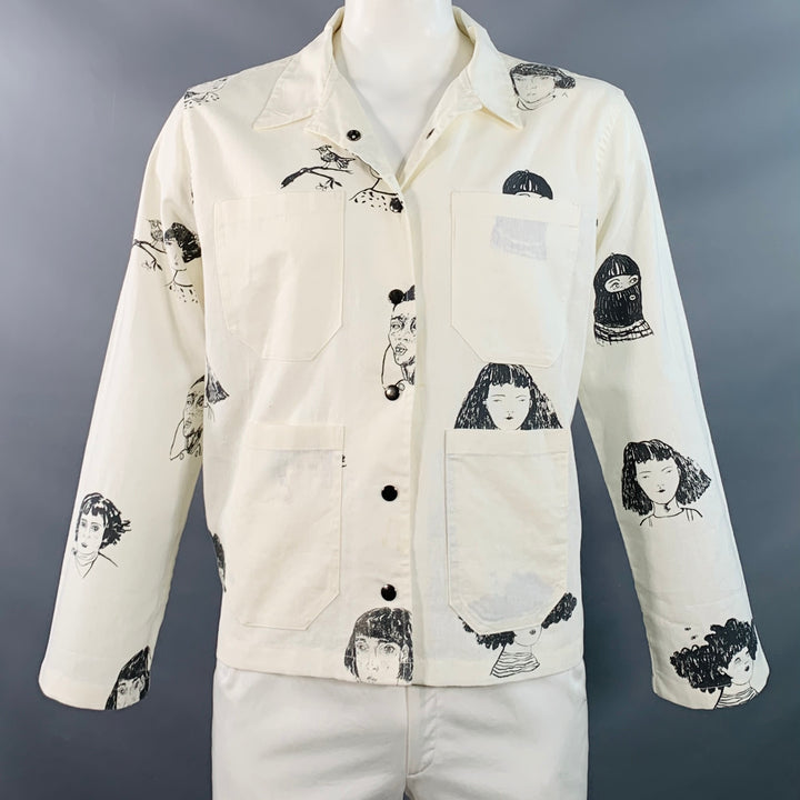 HOMBRE NECIO Size XL Beige Black Figures Print Linen Cotton Jacket