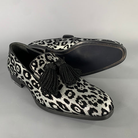 JIMMY CHOO Foxley Size 7 Silver Black Medusa Jacquard Tassels Loafers