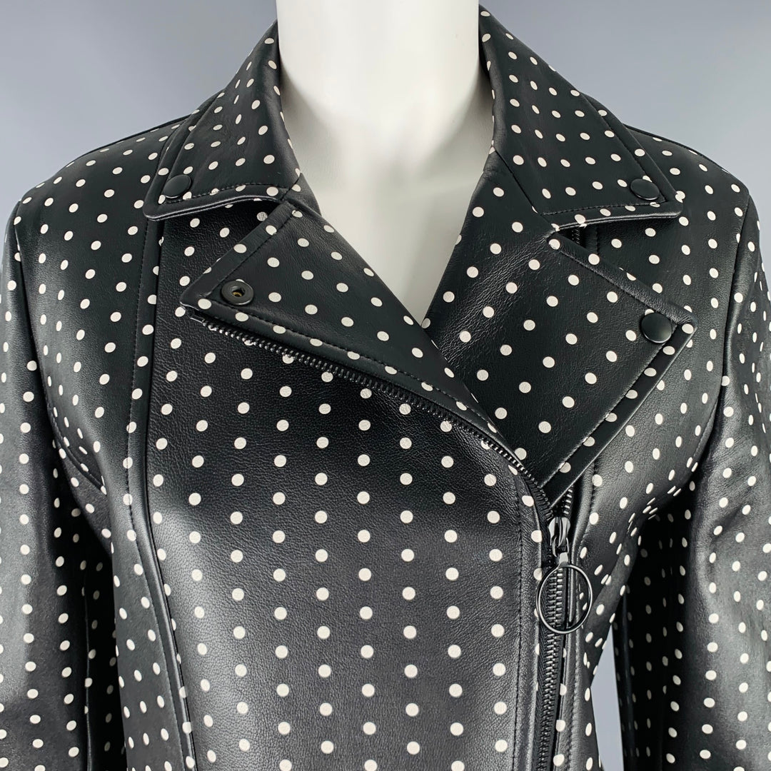 AKRIS Size 8 Black White Lambskin Leather Polka Dot Biker Jacket