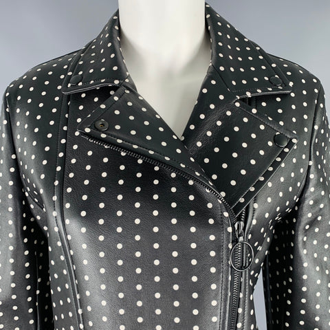 AKRIS Size 8 Black White Lambskin Leather Polka Dot Biker Jacket