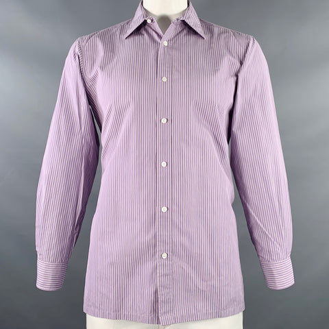 CHARVET Size L White Lavender Stripe Cotton Curved Cutaway Long Sleeve Shirt