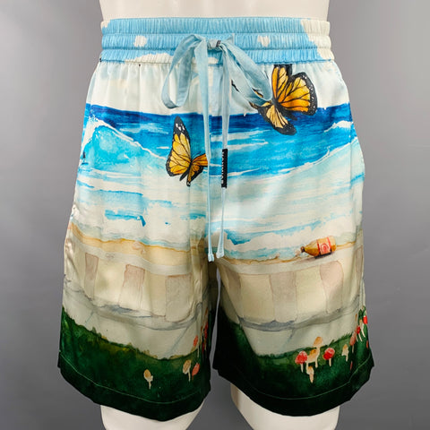 NAHMIAS SS23 Size S Butterfly Beach Blue Beige Print Silk Blend Drawstring Shorts