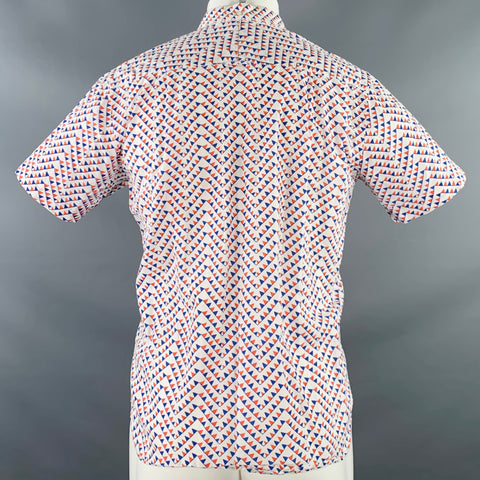 KARDO x SAFOMASI Taille S Blanc Rouge Bleu Géométrique Coton Une Poche Chemise Manches Courtes