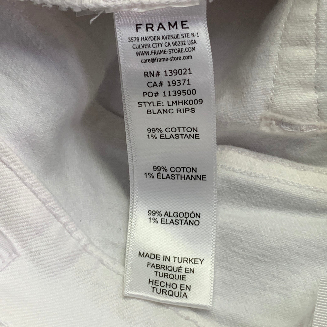 FRAME Size 29 Blanc Rips White Twill Cotton Blend Distressed Low Rise Skinny Jeans