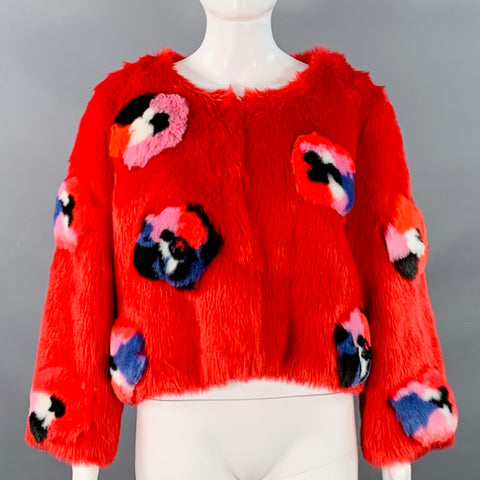 HEURUEH Size S Red Blue White Acrylic Blend Abstract Faux Fur Cropped Jacket