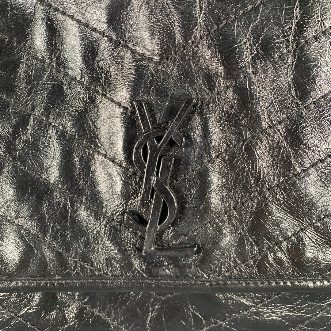 SAINT LAURENT Black Silver Chevron Leather Shoulder Bag Handbag