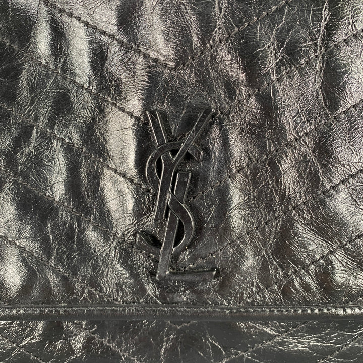SAINT LAURENT Black Silver Chevron Leather Shoulder Bag Handbag