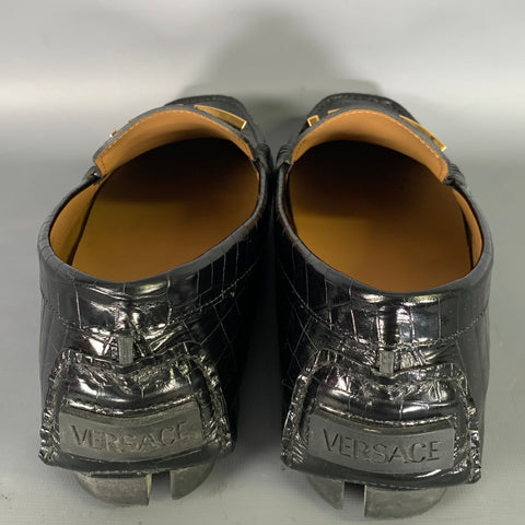 VERSACE Size 10 Black Gold Embossed Leather Slip On Loafers