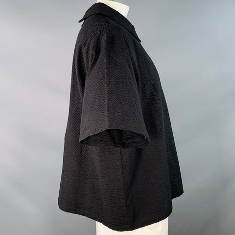 SPENCER BADU Size L Black Seersucker Cotton Oversized Zip Up Short Sleeve Shirt