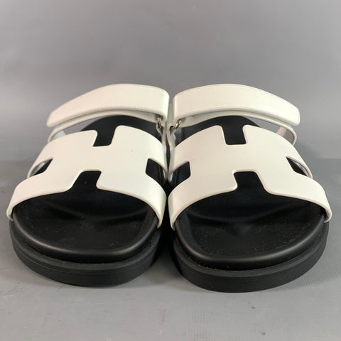 HERMES Size 9 White Black Leather Sandals