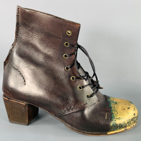 MUNOZ VRANDECIC Size 8 Brown Gold Leather Paint Splattered Wooden Heel Lace-Up Boots
