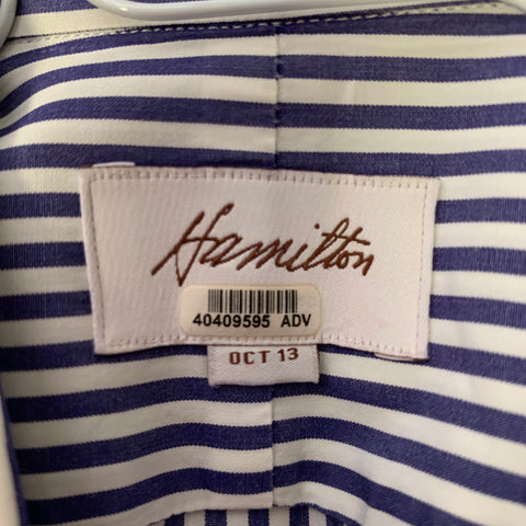 HAMILTON Size S White Navy Stripe Cotton Spread Collar Long Sleeve Shirt