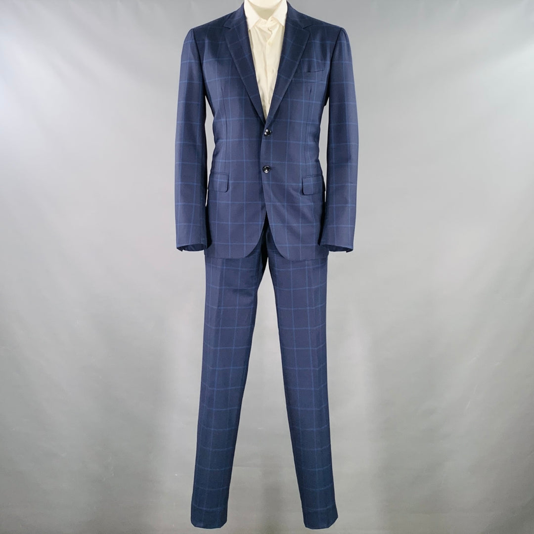 SARTORIO Size 44 Navy Blue Window Pane Wool Single breasted Suit