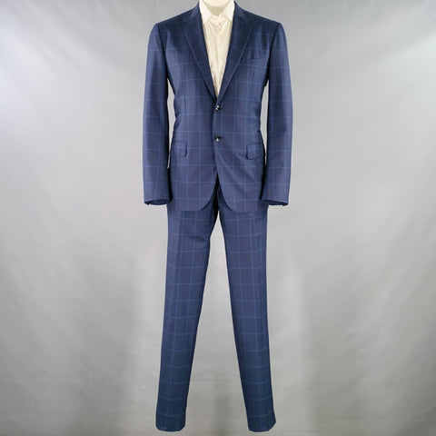 Costume croisé SARTORIO en laine motif carreaux fenêtre, bleu marine, taille 44