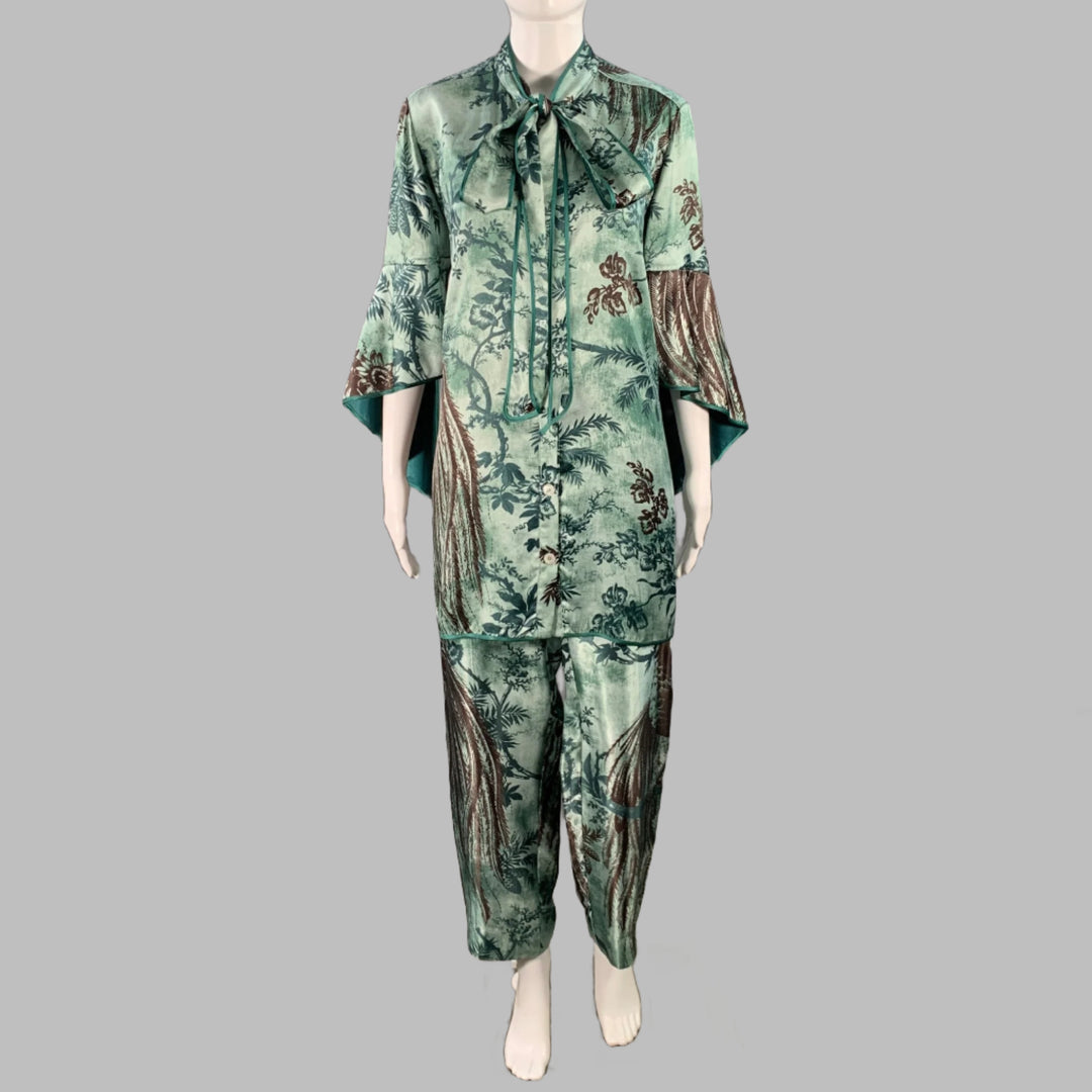 F.R.S. Size M Green Brown Cupro Graphic Pajama Pantsuit