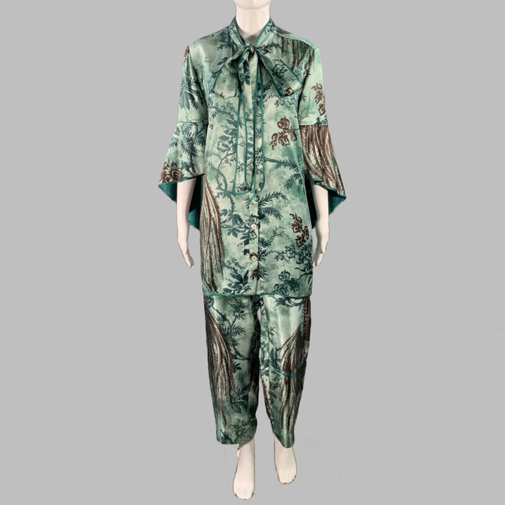 F.R.S. Size M Green Brown Cupro Graphic Pajama Pantsuit