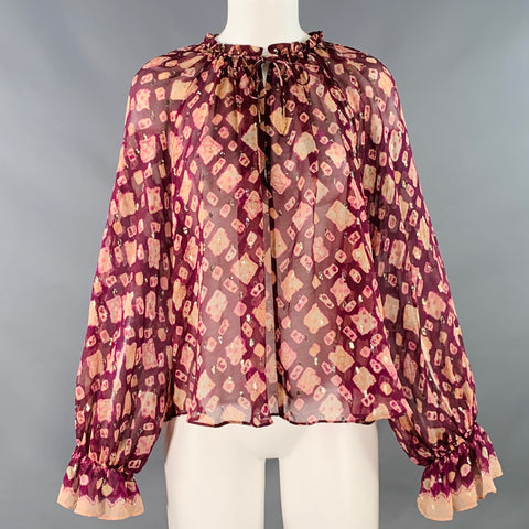 ULLA JOHNSON Size 4 Purple Yellow Silk Blend Abstract Bishop Sleeve Casual Top