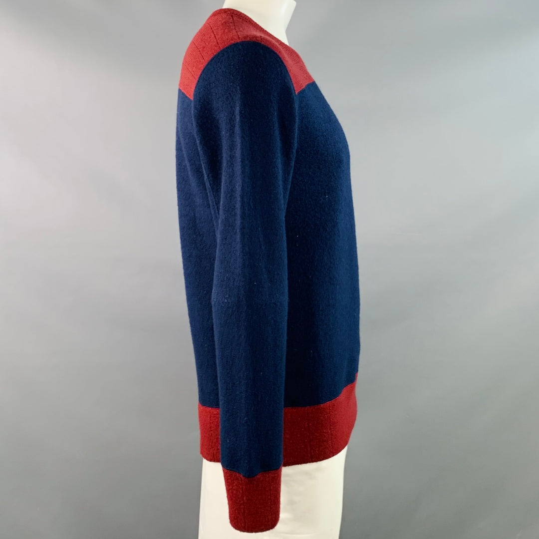 VISVIM Size L Navy Burgundy Color Block Wool Crew Neck Sweater