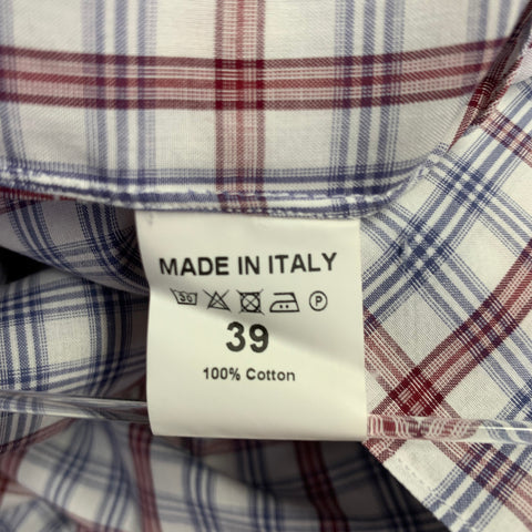 ISAIA Size M Burgundy White Blue Plaid Cotton Spread Collar Long Sleeve Shirt